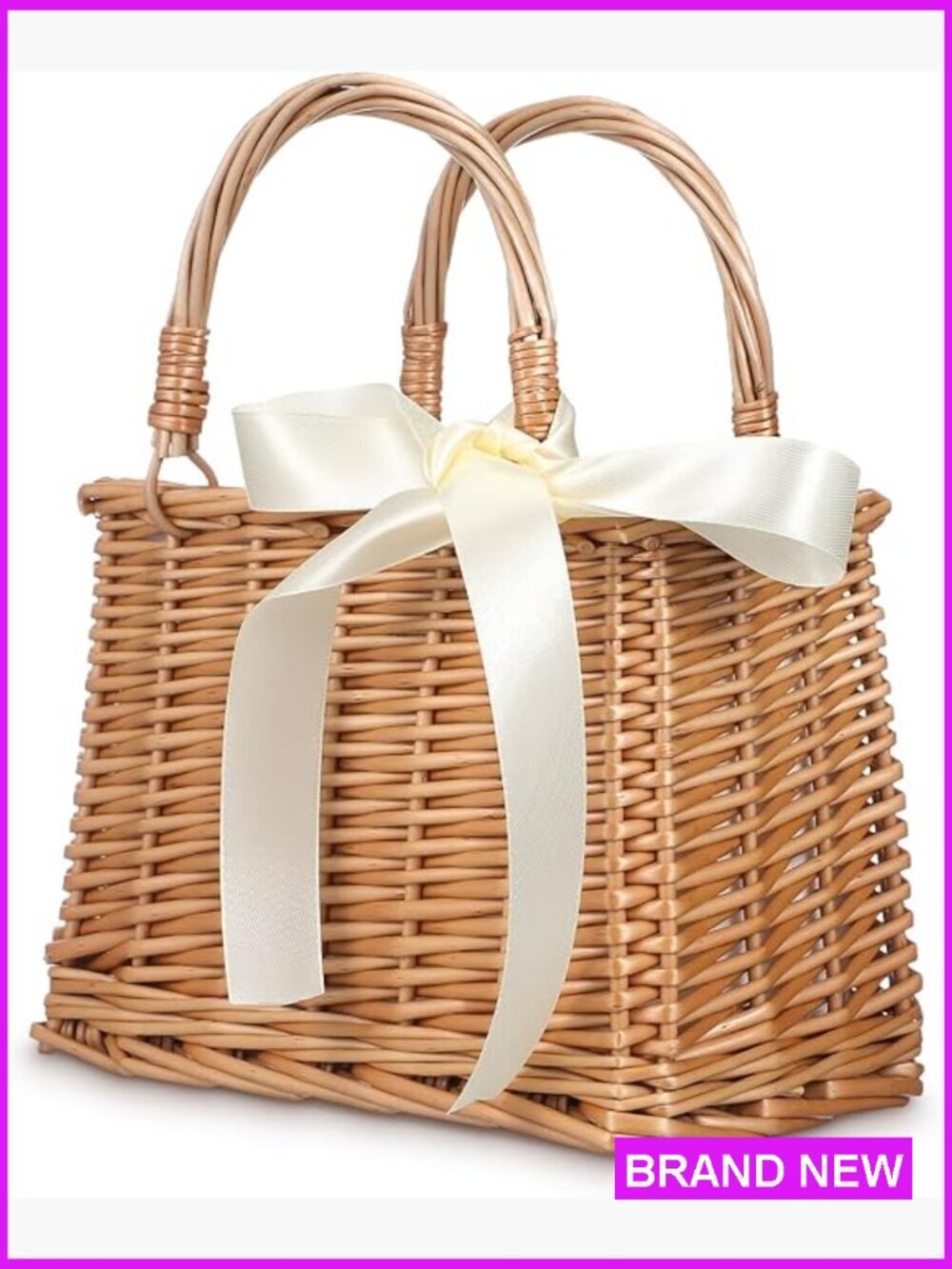 Woven Rattan Straw Tote Bag Top Handles Satin Ribbon Boho Beach Purse Summer